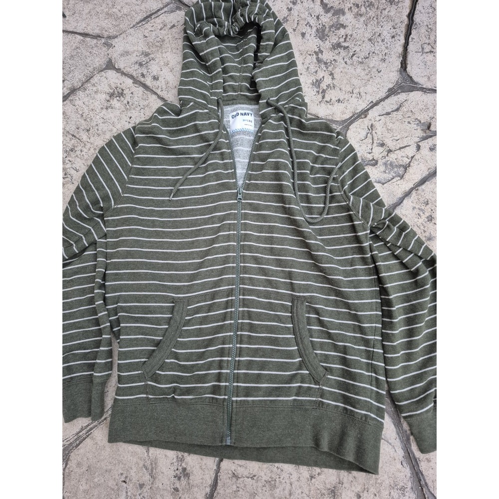 Old Navy Green Striped Hoodie Women's Size L Front Pocket Zip Up EUC